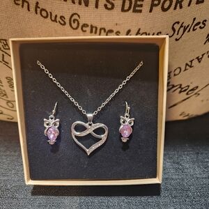 Infinity Heart Pendant Necklace & Purple Owl Dangle Earrings Silver Tone